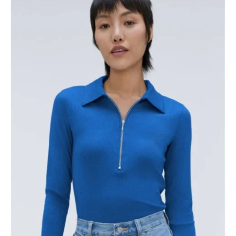 Everlane The Super-Soft Zip Polo Tencel Ribbed Half Zip Blue Size Medium